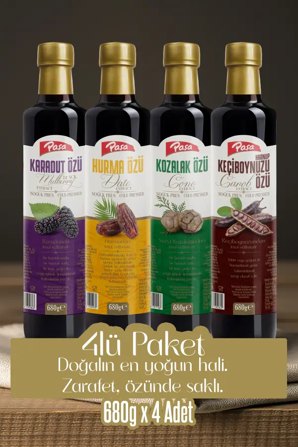 Paşa Lezzet Özleri 4’lü Karışım - Karadut Özü, Hurma Özü, Keçiboynuzu Özü, Kozalak Özü