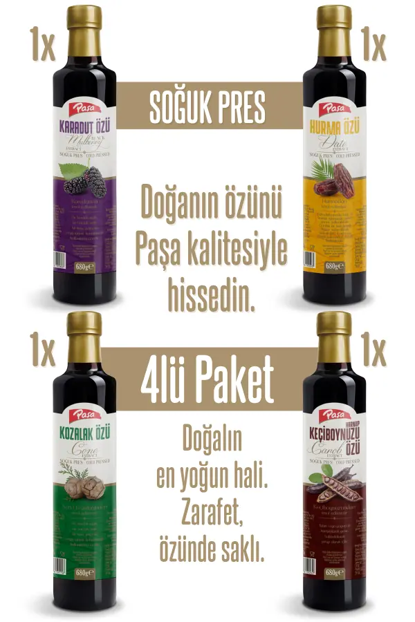 Paşa Lezzet Özleri 4’lü Karışım - Karadut Özü, Hurma Özü, Keçiboynuzu Özü, Kozalak Özü